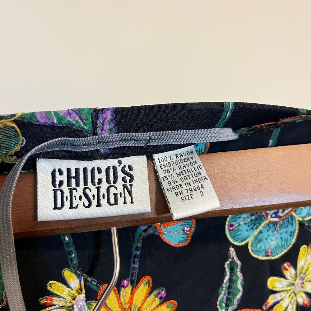 VTG Chico's Skirt Midi Pull On Black Floral Embroidered Beaded Size 2 (US Large) - Picture 6 of 6